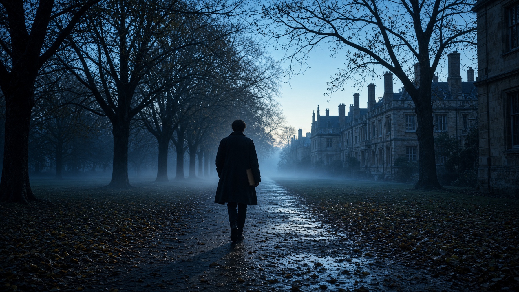 A student walks a tree-lined campus path at dawn, notebook under one arm.