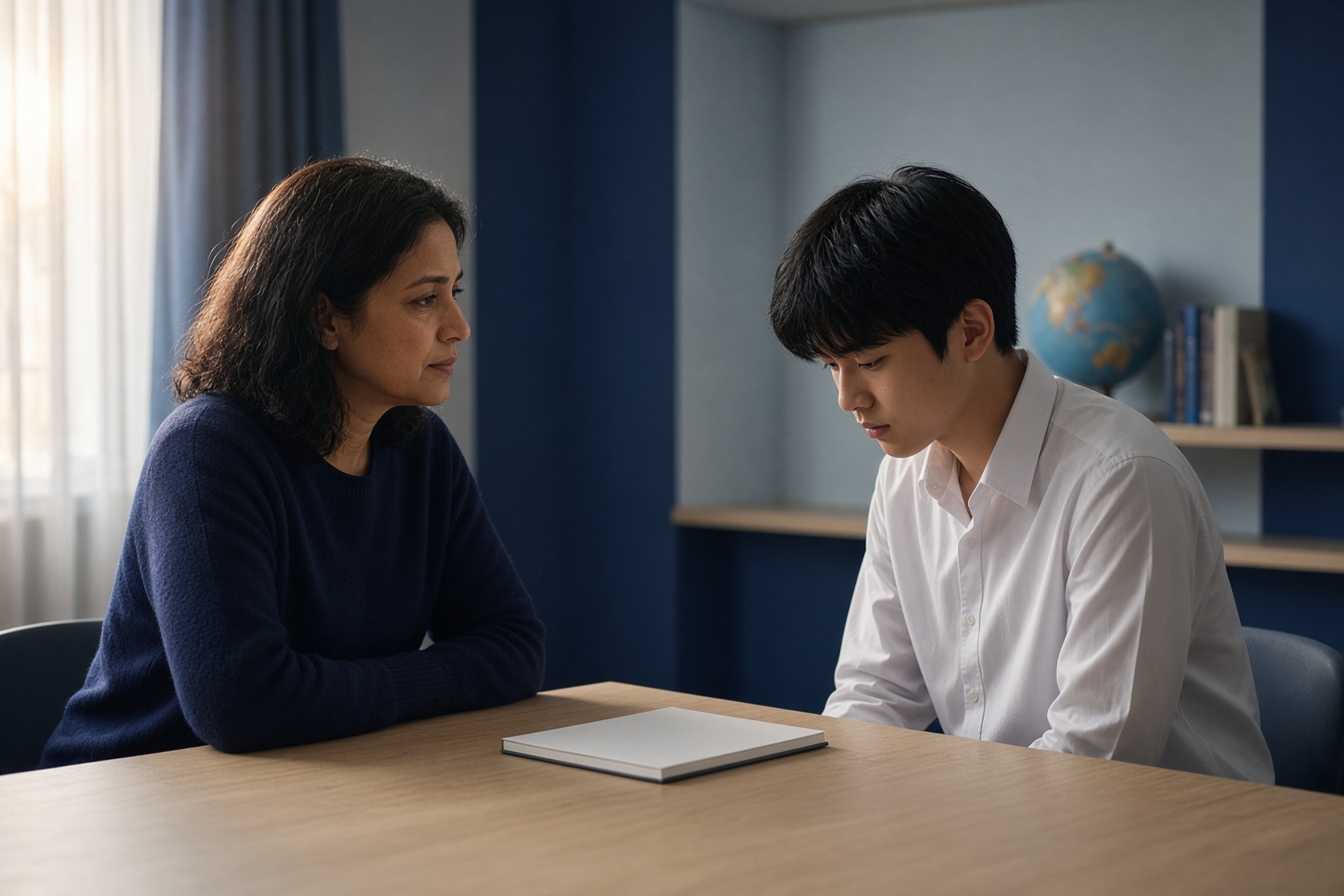A counselor listens while a student sits with a closed notebook in late afternoon light.