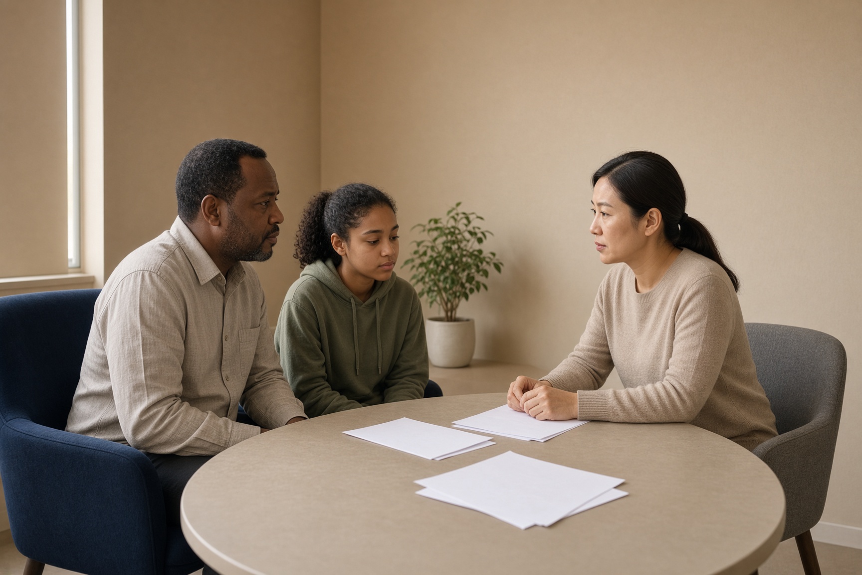 A father, his daughter, and a counselor in conversation at a round table.