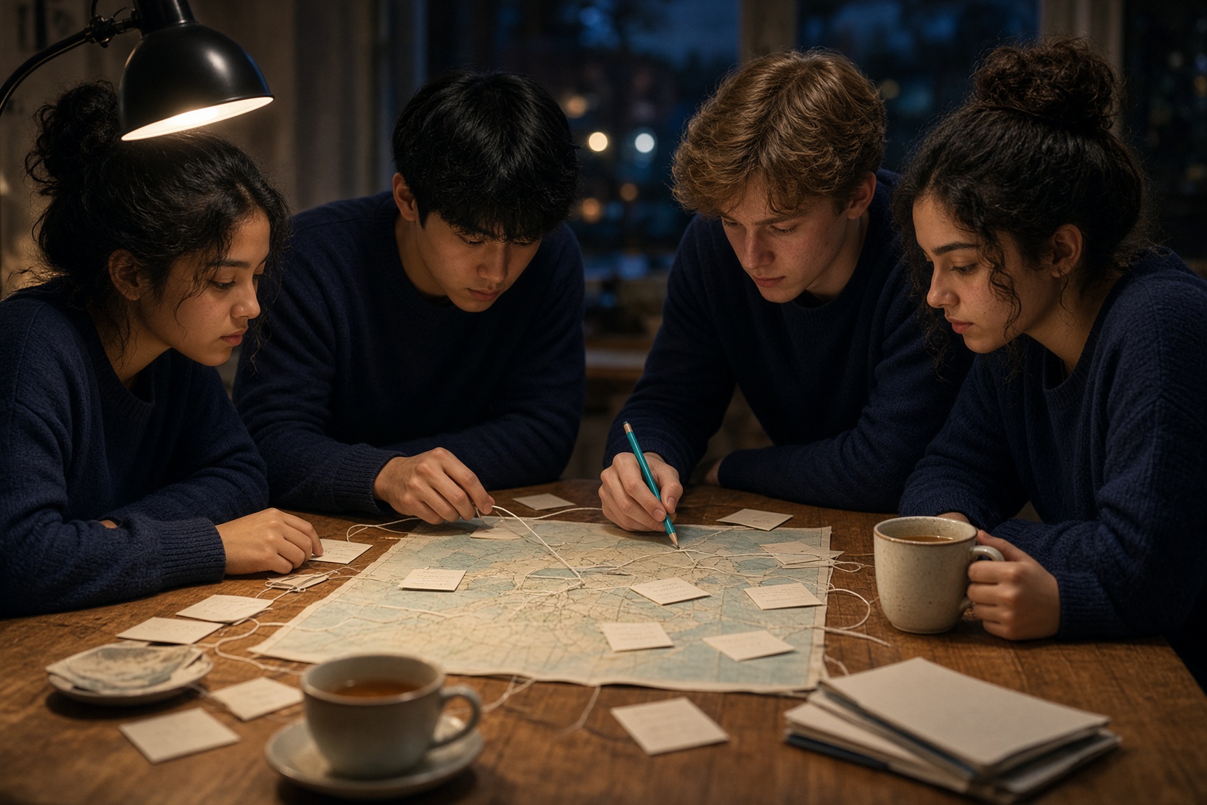 Four students around a table at evening, working on a shared project.