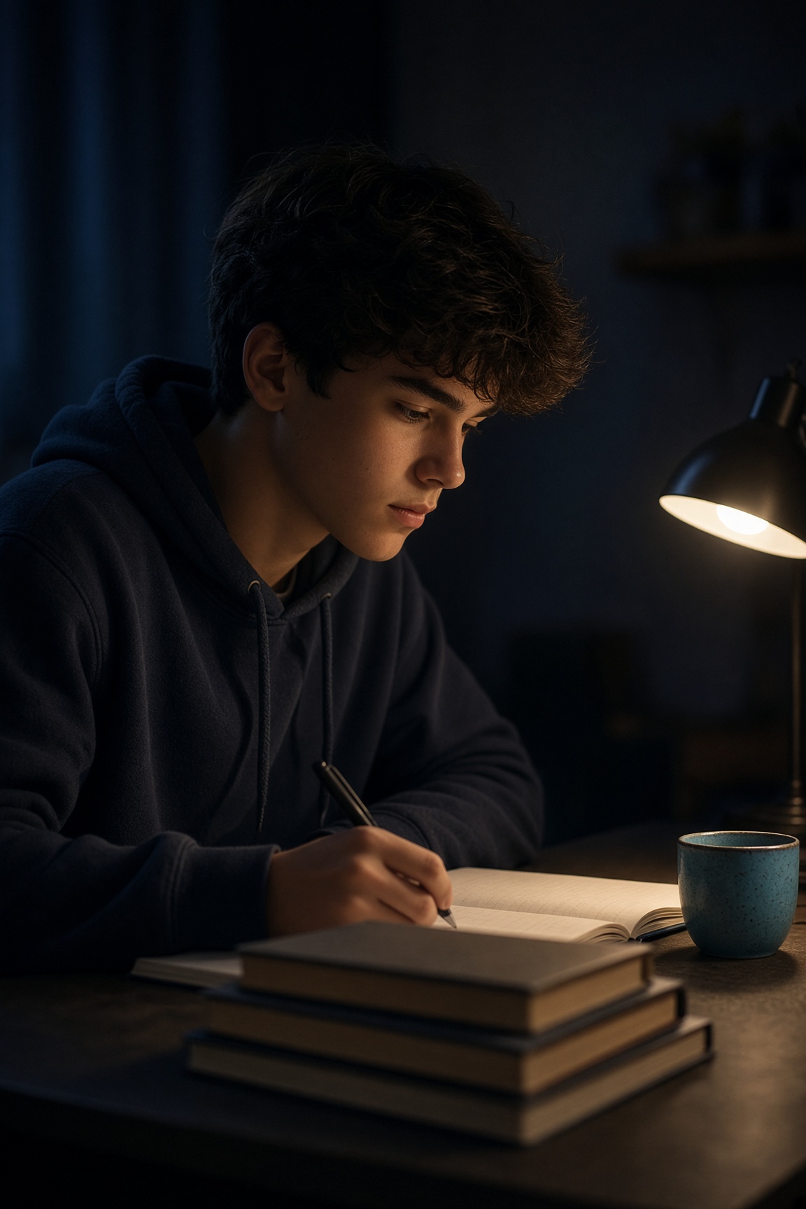 A student studies alone under a single lamp, concentrated.