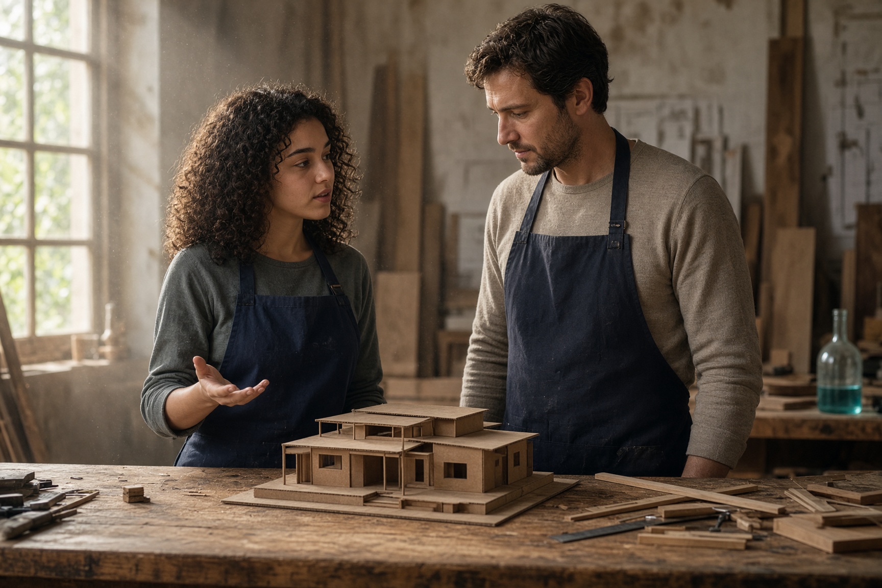 A student explains a physical model to a mentor in a workshop.