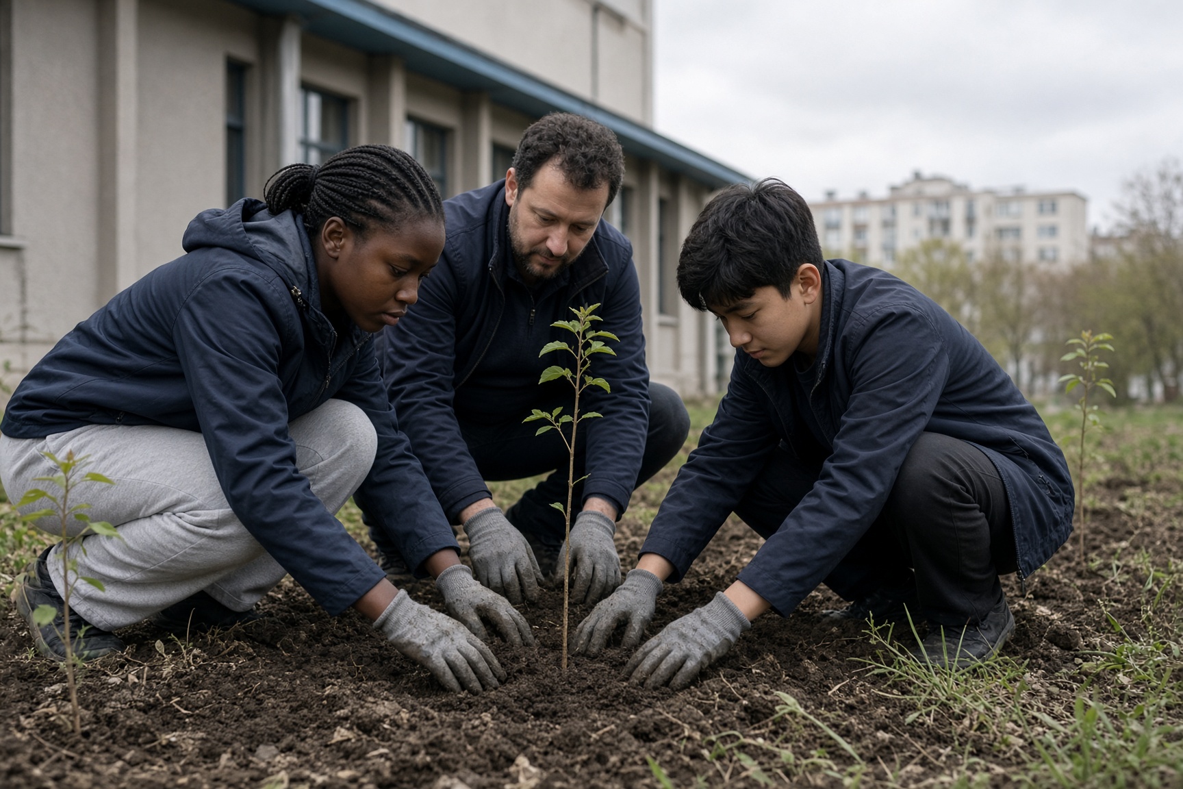 Students planting young trees with a mentor, working rather than posing.