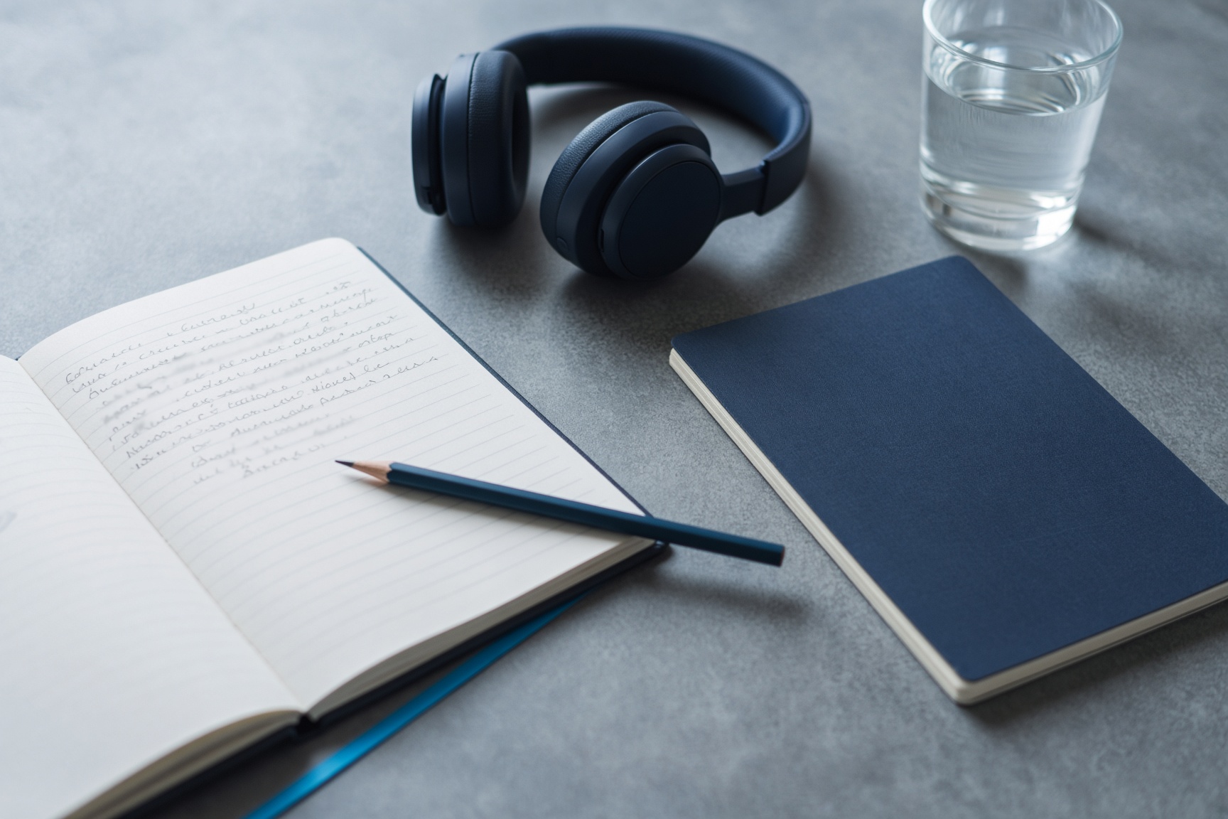 A quiet study desk: notebook, pencil, headphones, and a closed practice booklet.